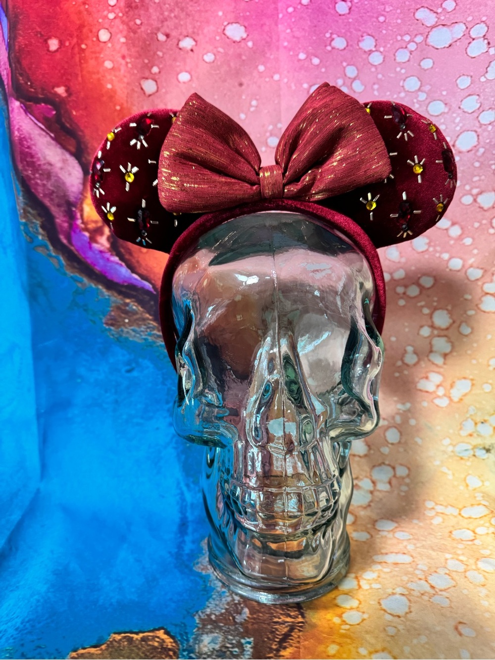 Disney Burgundy Velvet  Minnie Ear Headband with jewel accents.